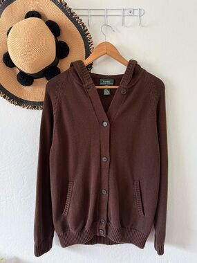 Lauren Ralph Lauren Brown Cozy Cotton Chunky Knit Cardigan Hooded Size Large